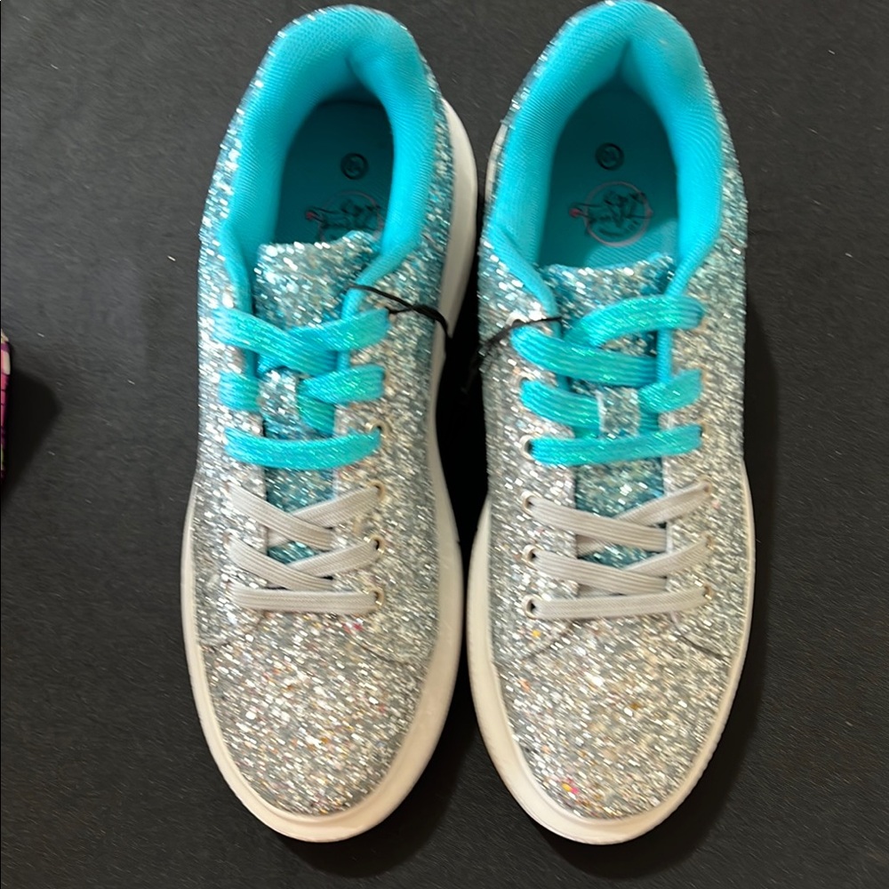 Sparkly Silver Sneakers with Blue Accents